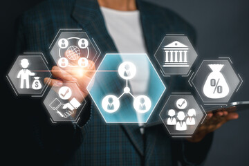 Visual representation of business stakeholders with icons symbolizing finance, organization, and communication in a digital interface.