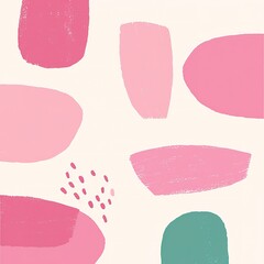 A vibrant abstract pattern featuring various pink shapes on a light background, creating a playful and modern aesthetic.