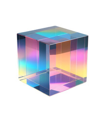 3D transparent cube with an iridescent surface, reflecting light in vibrant holographic colors and featuring a smooth geometric design. Isolated on transparent background
