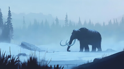 Woolly mammoth in snowy tundra, foggy background; prehistoric wildlife scene. Ancient Ice Giants. Illustration