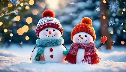 Obraz premium two little snowmen the girl and the boy in caps and scarfs on snow in the winter background with a funny snowman christmas card