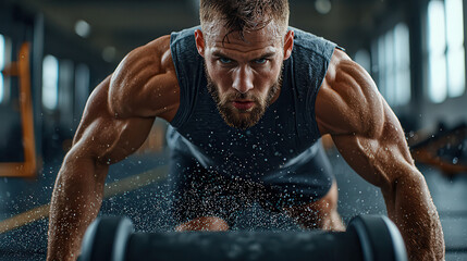 determined man exercising intensely in gym, showcasing strength and focus while sweating. His muscular physique highlights dedication to fitness and training