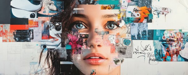 Young caucasian female in abstract digital collage with vibrant colors and mixed media elements