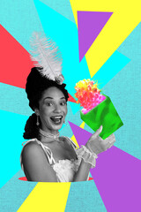 3D collage design artwork sketch of portrait young lady smile hairdo hola cactus plant aristocratic rococo accessory hair feather french © deagreez