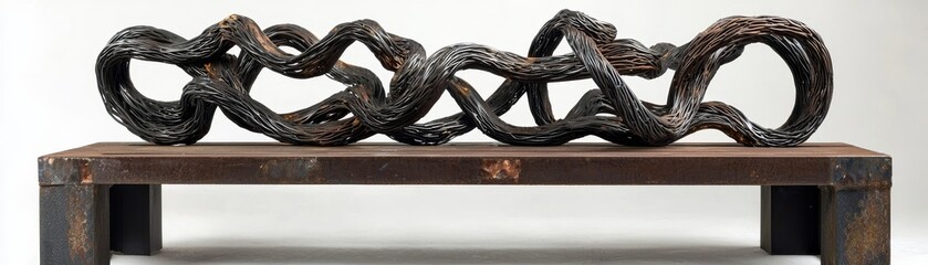 Artistic representation of a reinforced bus bench, metal railings twisted into abstract shapes, hinting at societal rigidity and human adaptation