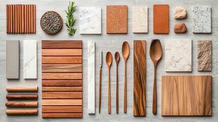 minimalist yet intricate display of overlapping wood, stone, and marble textures, showcasing natural materials and kitchen utensils in organized layout