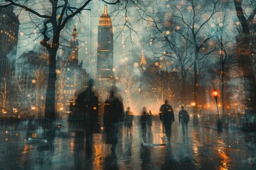 Pedestrians walking in the rain on city street at night with reflections from streetlights and umbrellas creating a moody atmosphere concept of urban life, rainy evening, cityscape

