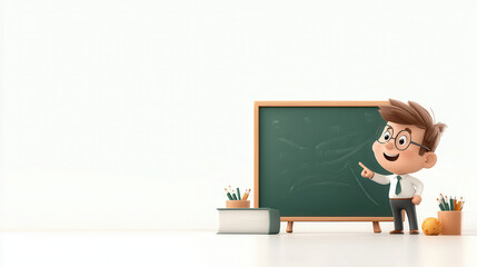 cheerful cartoon teacher stands beside chalkboard, explaining lesson with enthusiasm. classroom is bright and inviting, perfect for learning