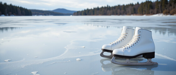White ice skates resting on frozen lake surface, evoking a serene winter atmosphere, symbolizing leisure in a tranquil snowy landscape