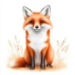Obraz premium Cute and Playful Red Fox Sitting in a Field Surrounded by Grass and Pleasant Natural Elements