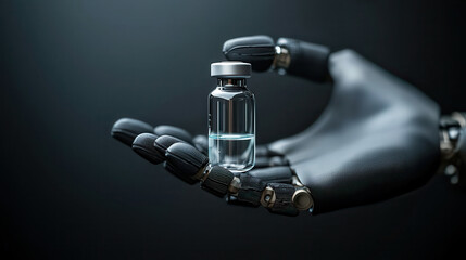 futuristic robotic hand holds vaccine vial, symbolizing advanced technology in healthcare. sleek design emphasizes innovation and precision in medicine