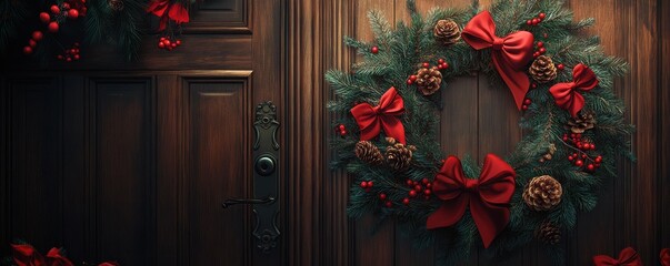 Festive christmas wreath with red bows and pine cones on wooden door