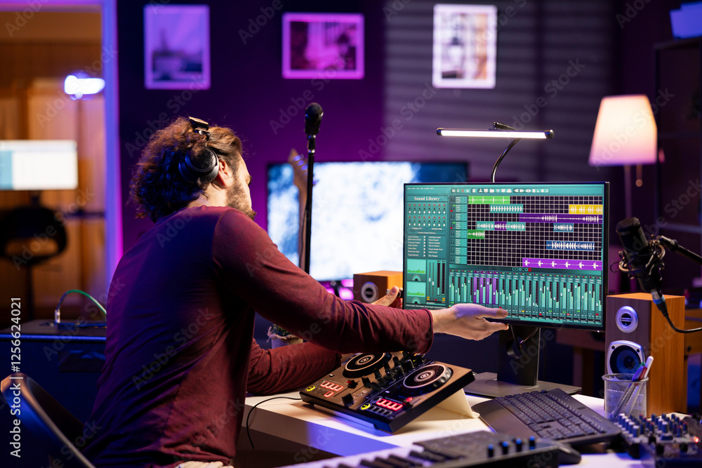 Fototapete musical artist using usb stick to edit past audio recordings on daw software interface, working with