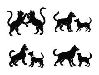 Playing Cat and dog silhouettes set on white background