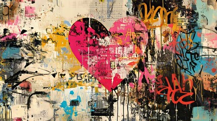 Fototapeta premium Urban grunge collage featuring halftone heart, mixed punk typography, dynamic doodle lines, distressed texture, and bold color contrasts
