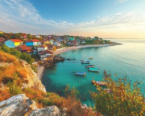 Bright summery view, a coastal town with colorful houses along cliffs, azure waters dotted with small boats, soft golden rays enhancing vivid hues