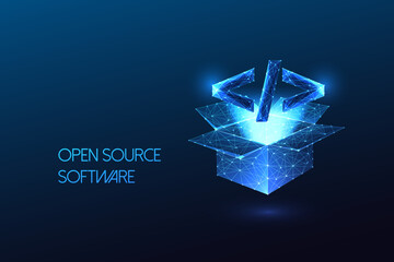 Open source software concept with glowing code symbol emerging from open box on dark blue background