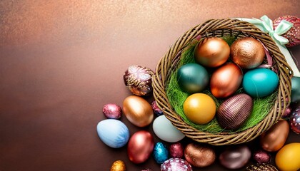 Fototapeta premium happy easter easter eggs basket painted easter eggs easter background easter theme decoration colorful easter eggs on shiny bronze background