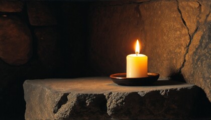 Burning candle on stone ledge in dimly lit space, warm glow creating a contemplative mood for Maundy Thursday
