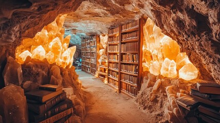 Secret library inside a massive cave, glowing crystals embedded in the walls, ancient bookshelves carved from stone, and a mystical atmosphere