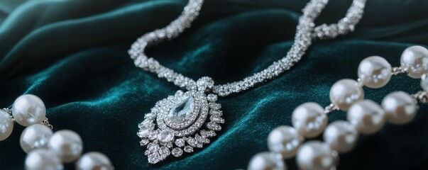 Elegant diamond necklace with pearls on plush green velvet