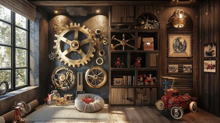 Steampunk-inspired playroom, brass gears incorporated into toy designs, warm wood textures on walls and floors, antique lighting casting dramatic shadows, vintage illustration