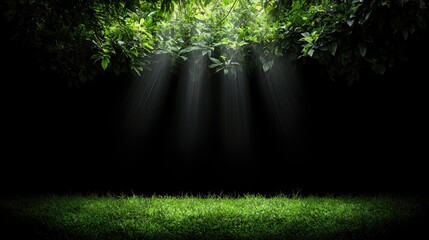 Obraz premium Sunbeams through jungle canopy, grass foreground, dark background; nature backdrop