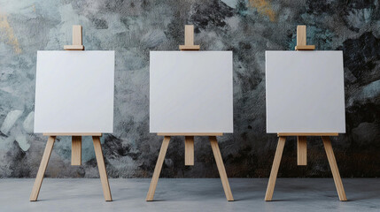 Three Blank Canvases on Wooden Easels Against a Textured Gray Wall