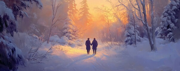 Winter walk in snowy forest at sunrise with two adults
