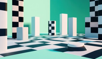 Abstract 3D checkered floor and columns.