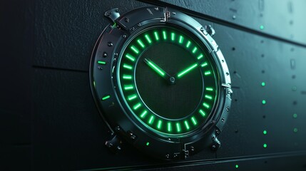 Fototapeta premium Unique wall clock design with circular LED display, sleek futuristic metal, glowing green digits, dark sci-fi interior, minimalist cyber aesthetic, 3D rendering
