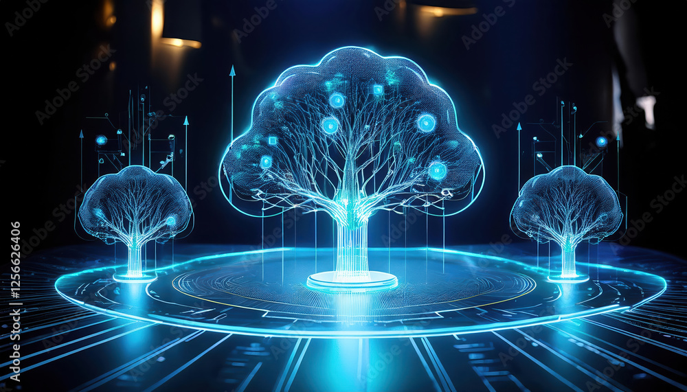 Aufkleber futuristic holographic decision trees and predictive models over digital table