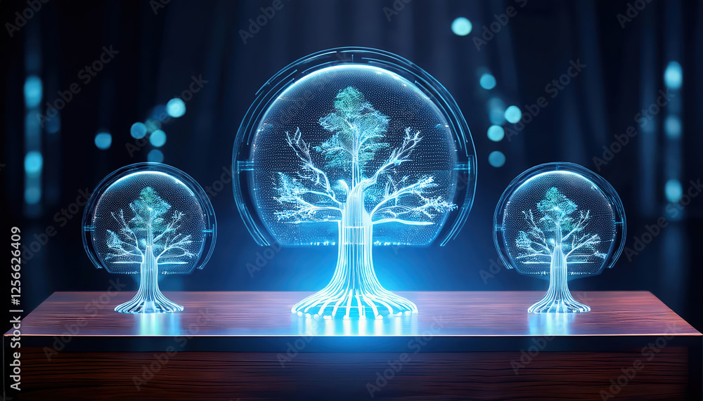 Poster futuristic holographic decision trees and predictive models on table
