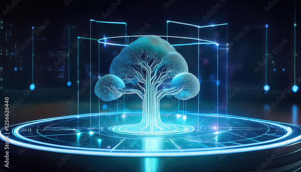 Poster futuristic holographic tree representing decision making models and data analysis