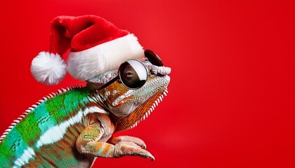 merry christmas concept holiday vacation winter animal pet greeting card cool chameleon with sunglasses and santa claus hat isolated on red background