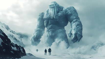 Frozen giants mountainous landscape, snowstorm, colossal ice sculptures, adventure backdrop. Ancient Ice Giants. Illustration