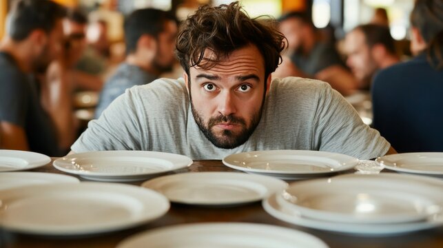 Frustrated restaurant patron facing a long wait for food. Featuring a crowded dining area with empty plates
