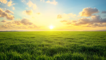 Obraz premium Sunlit morning landscape with dewy grass and fluffy clouds in a serene horizon
