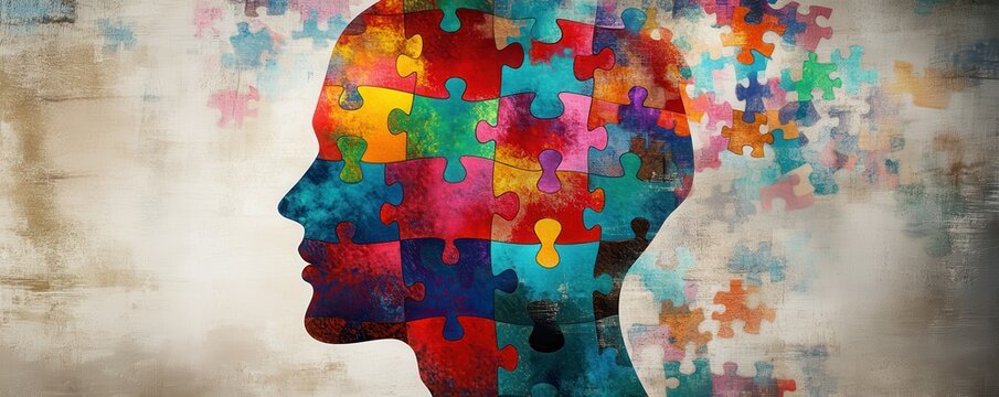 Colorful puzzle piece silhouette illustrating mental health and diversity in art
