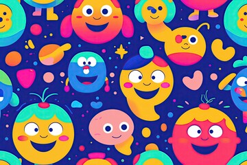 Obraz premium Vibrant Cartoon Character Seamless Pattern Design with Playful Faces and Shapes