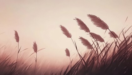Obraz premium Gentle Sway Delicate Pampas Grass Silhouette in a Soft Pastel Peach Sky, Watercolor Sketch.
