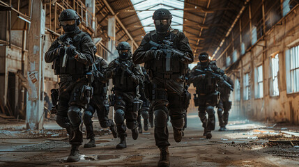 A tactical SWAT team clears an abandoned warehouse, keeping their rifles trained and movements synchronized as they hunt for a suspect considered highly dangerous.