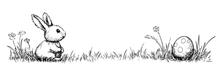 easter bunny sitting near decorated egg vector doodle black sketch illustration