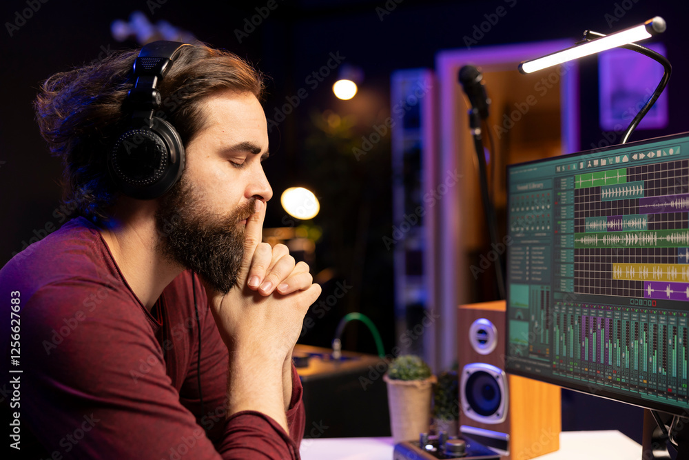 Aufkleber music producer listening carefully his audio recording after editing and adjusting volume levels in 