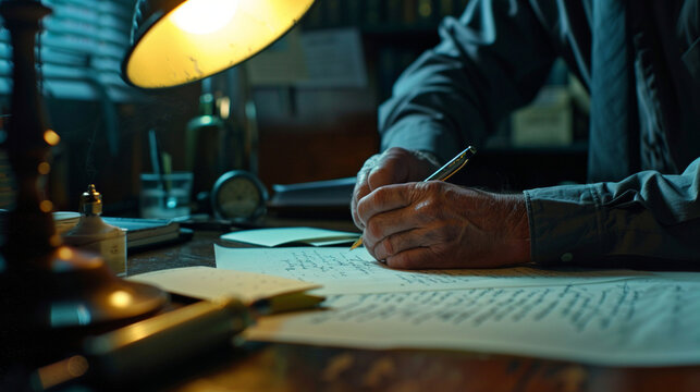 Detectives analyze handwriting samples, meticulously comparing strokes to confirm if a threatening note matches the suspect's penmanship.