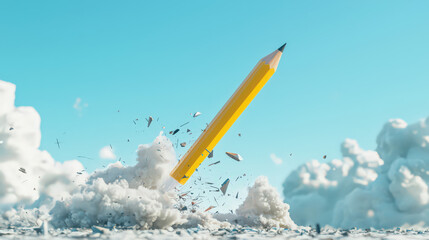 A yellow pencil pierces through a cloud of debris, symbolizing innovation and breaking through obstacles.