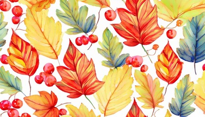 Fototapeta premium seamless autumn leaves background berries on white isolated background watercolor illustration