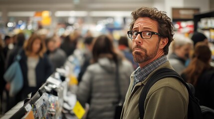 Frustrated shopper with confusing checkout process. Featuring a crowded store with long lines
