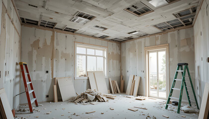 Room under renovation with debris and ladders