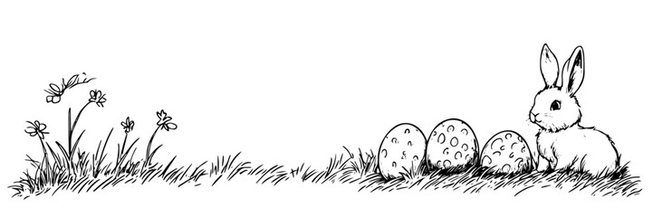 Easter bunny with eggs in grass doodle vector sketch
